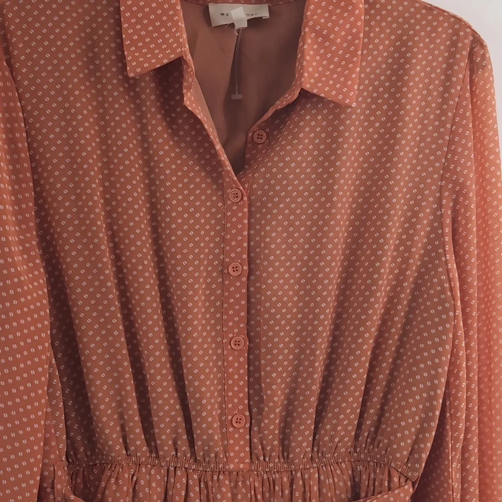 MELLO DAY Women's Orange Half Button Dotted Dress With Belt Size Large